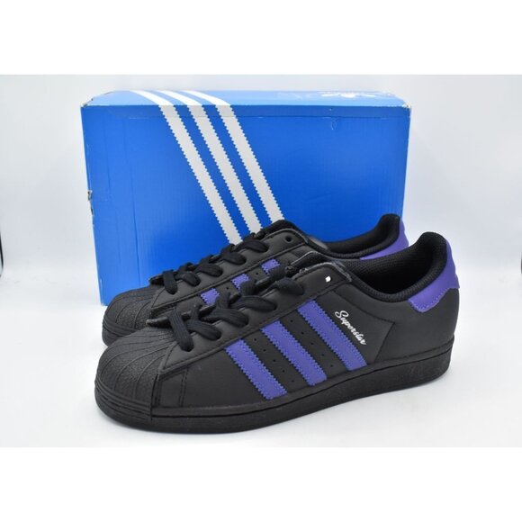 Adidas Womens Size 7.5 Superstar Black Purple Leather Sneakers Shoes - Picture 2 of 12